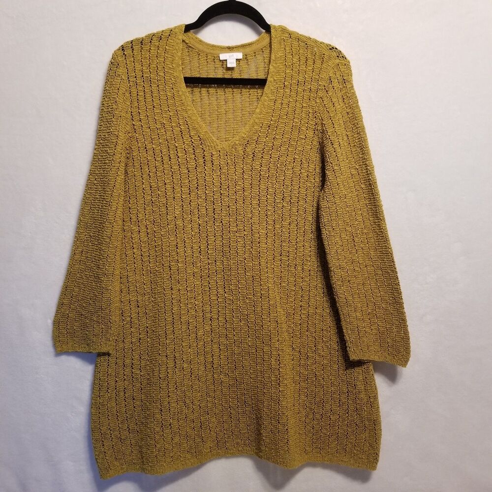 J. Jill L Sweater Cotton Blend Mustard Yellow Open Knit 3/4 Sleeve Coastal Boho